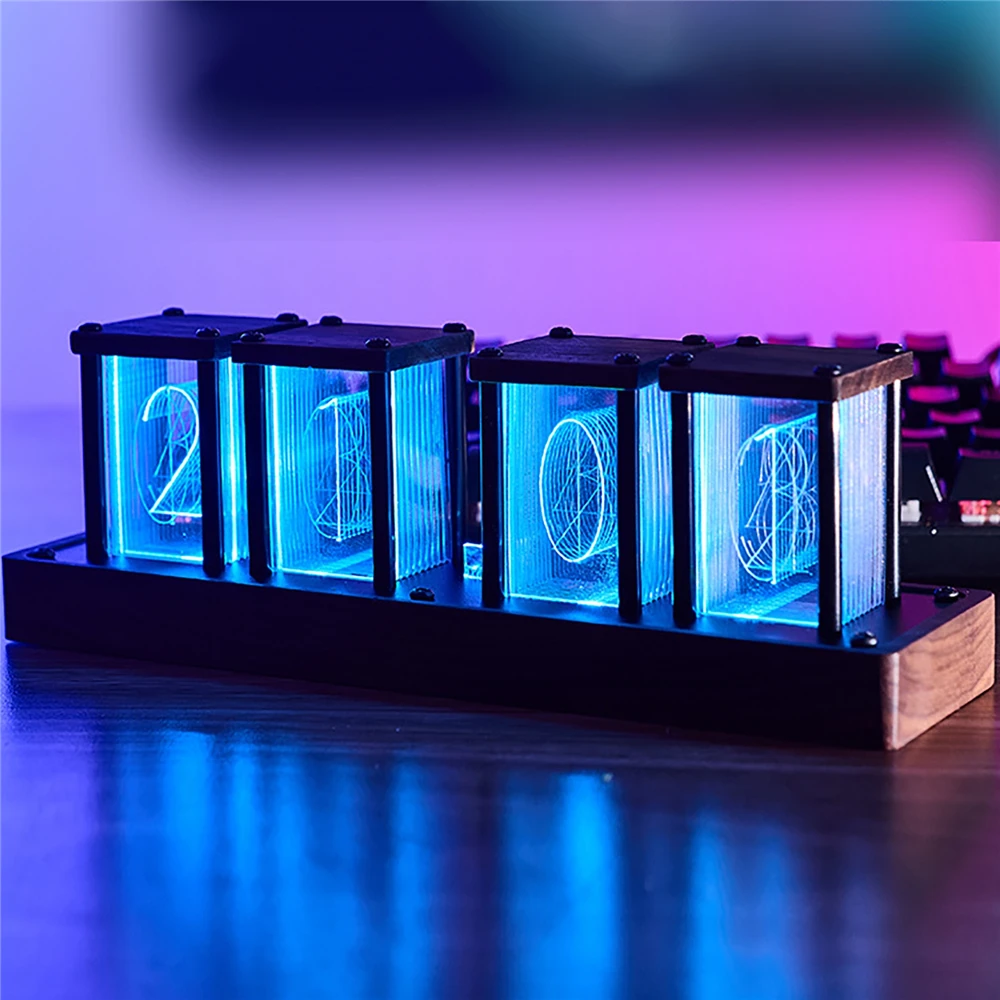 

4/6 Tube RGB Glow Alarm Clock Walnut Wood Base 8 Modes LED Electronic Digital Clock Timer Office Desk Clock Lamp Home Decor