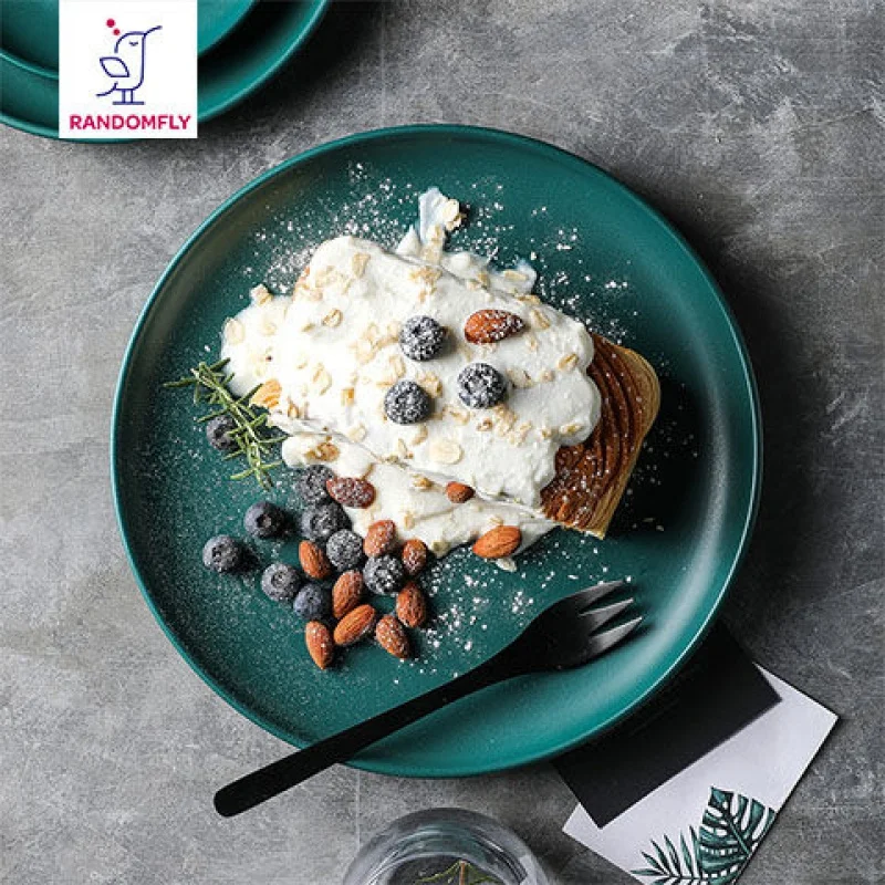 

Nordic Ceramic Western Cuisine Plate Dark Green Household round Tableware Cake Plate Salad Dish Steak Pasta Plate
