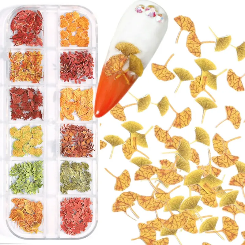 

12 Grids 3D Fallen Leaves Sequins Nail Charm Autumn Decoration Mixed Leaf Defoliation Flake Accessories for Gel Nail Supplies