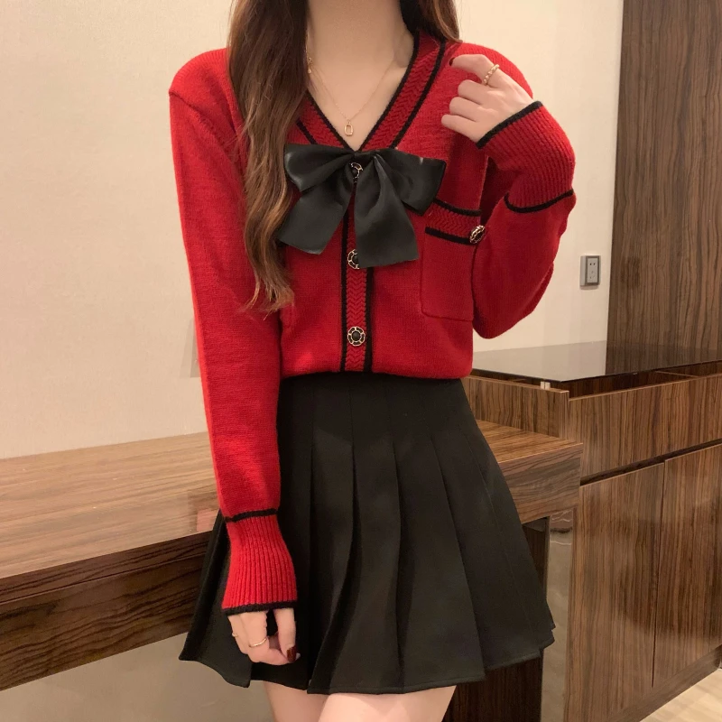 

Красный свитер с бантом, пальто, Женский вязаный кардиган ранней весны, новый дизайн 2022 года, шикарный вязаный кардиган, Топ