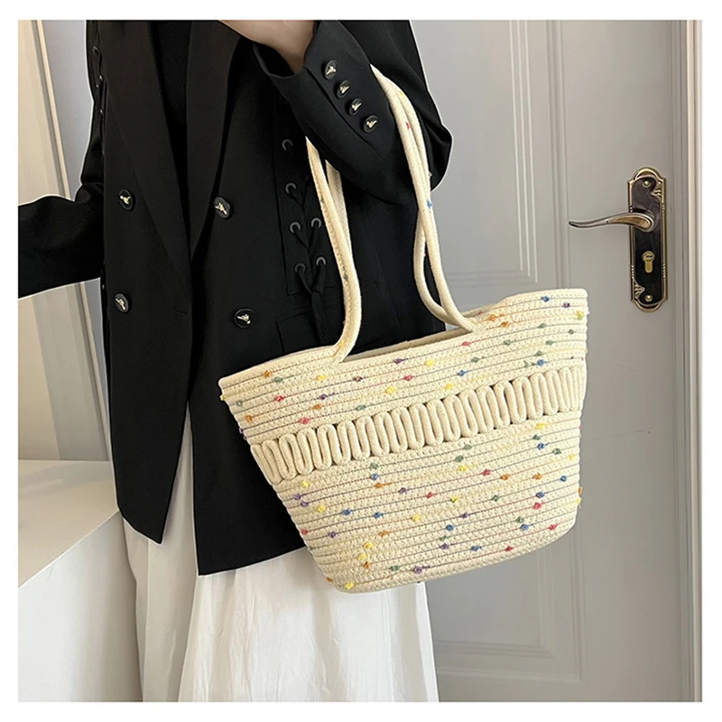 FOSIZZO 2023 New Summer High Capacity French Straw Woven Bag Beach Resort Bag Women's Shoulder Hollow Cotton Thread Woven Bag