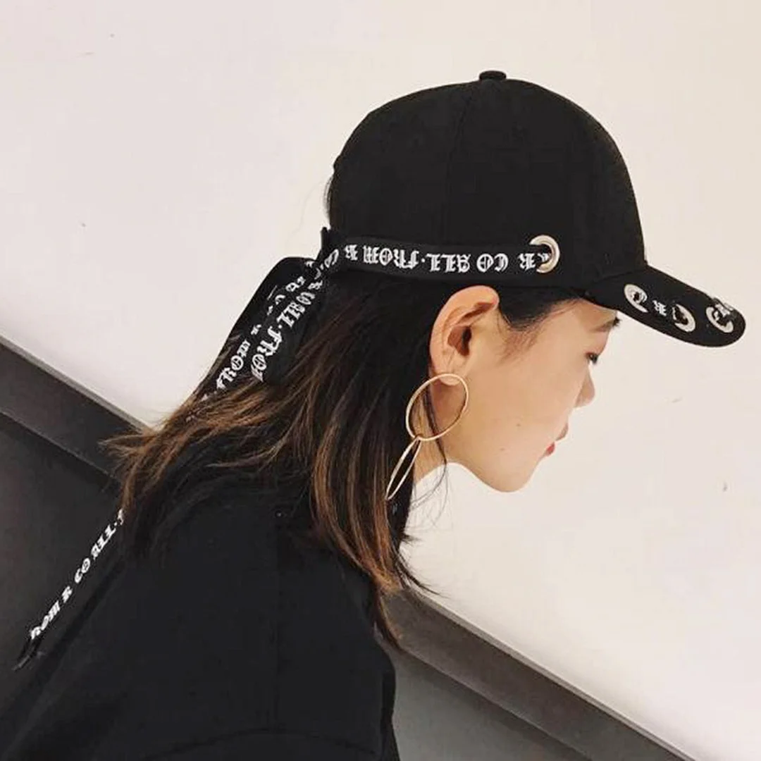 

New Baseball Cap for Men Women Kpop Hat with Long Ribbon Black / White Men's Cap Hip Pop Hats Punk