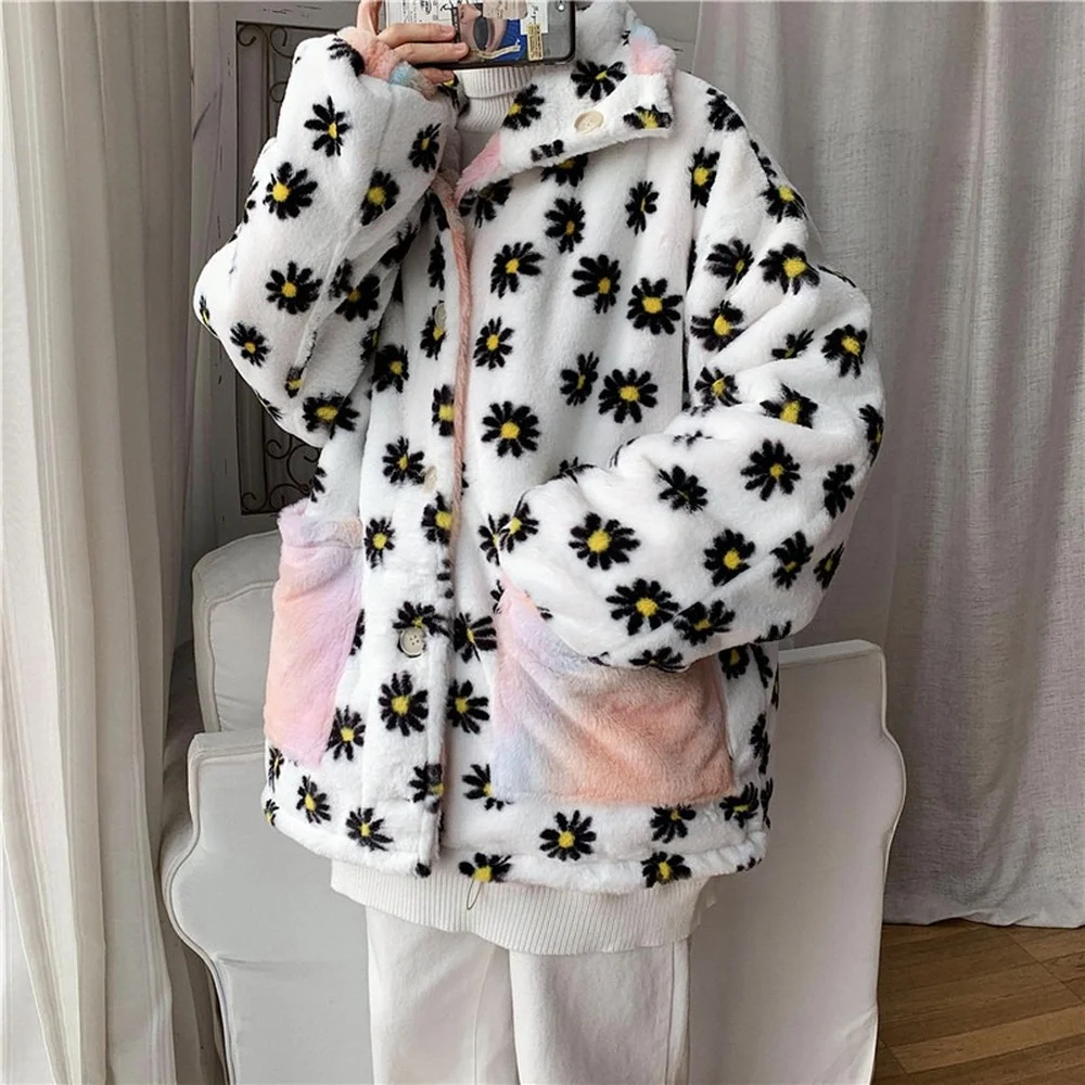 Rainbow Jacket Double-sided Wear for Men / Women Couples Printed Windmill Winter Flowers Lambs Wool Jacket Gradient Youth Jacket