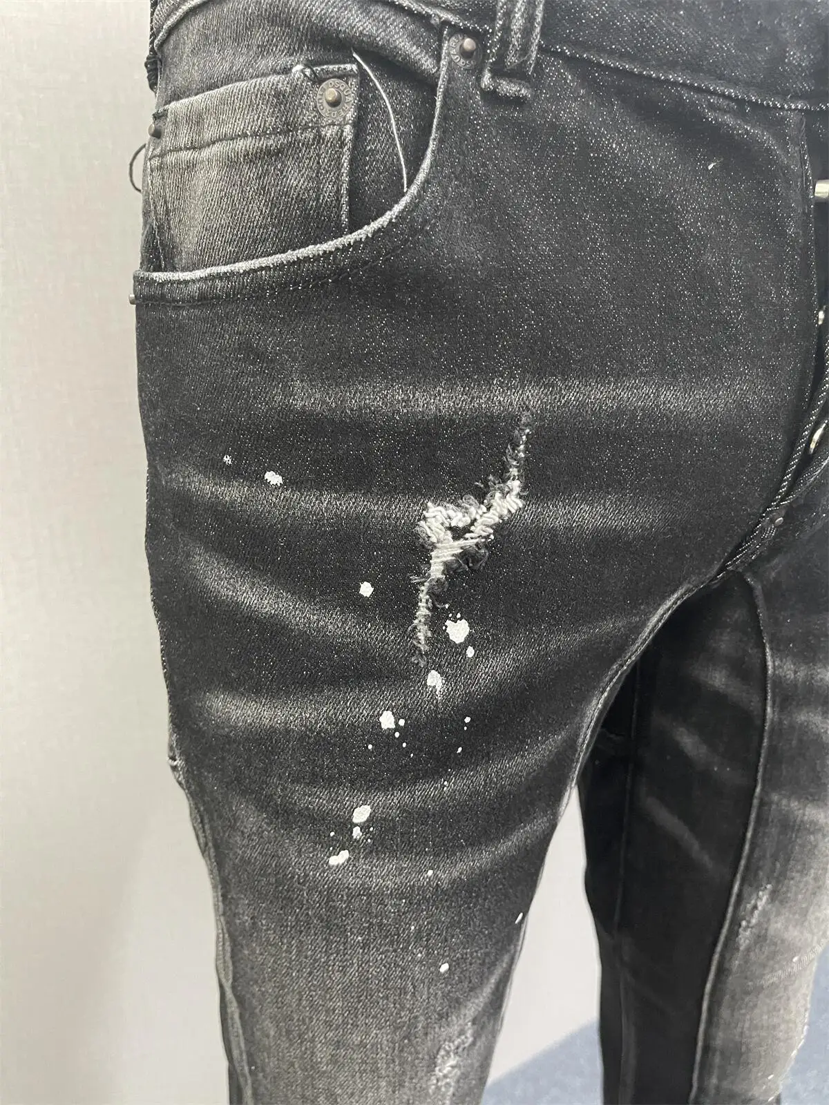 2023 New Stereoscopic Cut Denim Pants Black Slim Fit Splice Small Foot Micro Elastic Hole Patch Small Foot Jeans for Men