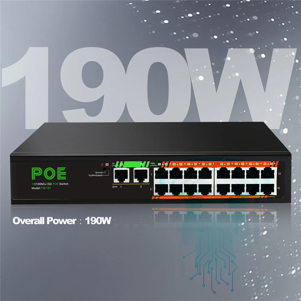 TEROW 19 Ports Network Switch 16*100Mbps POE Port+2*1000Mbps Uplink Port+1*1000Mbps SFP Port 48V for IP Camera/ Monitoring |