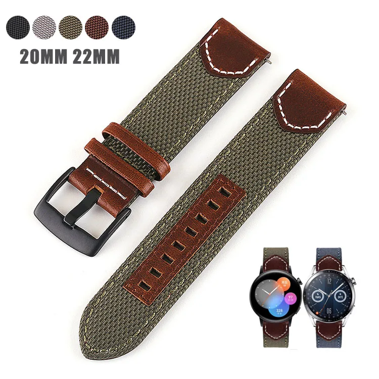

Canvas Nylon+Leather Watch Straps for Samsung Galaxy 42MM 46MM GearS2 S3 Active2 Quick Release Replacement Watchbands for GT2