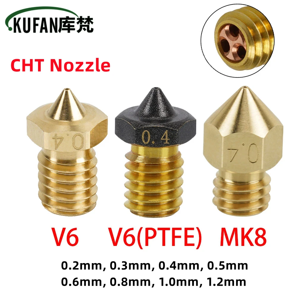 

CHT Nozzle E3D V6/MK8 V6 PTFE Brass Copper Nozzles 0.2/0.3/0.4/0.6mm High Flow Extruder For 1.75mm 3D Printers Ender 3