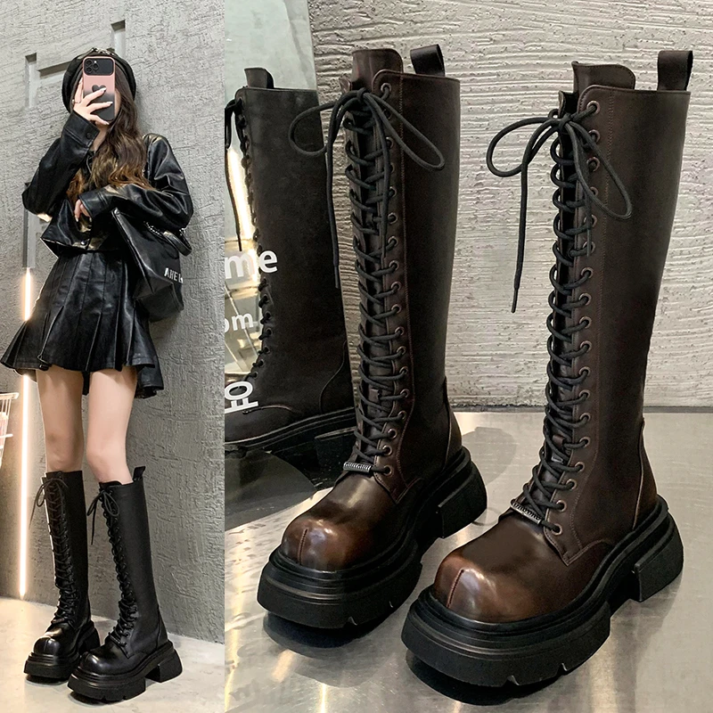 

Модные сапоги до колена на массивной платформе, женские сапоги в стиле панк, увеличивающие рост, женские сапоги на шнуровке, женская зимняя обувь Челси на молнии