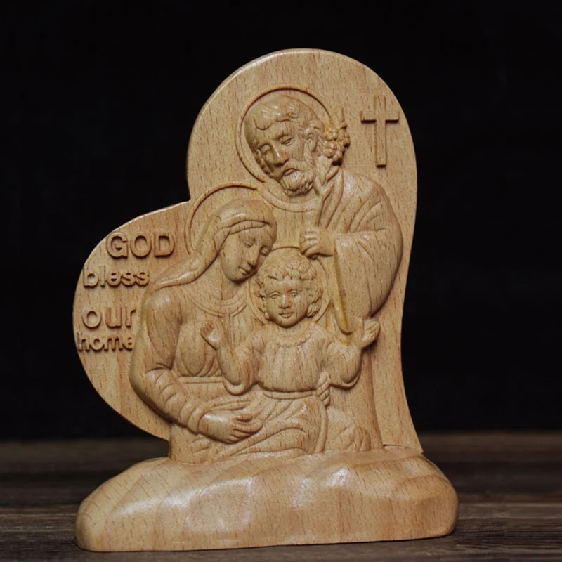 Wooden Figurine Catholic Love Heart Shaped Jesus Holy Family Carving Statue for Home Bedroom Living Room Desktop Decor