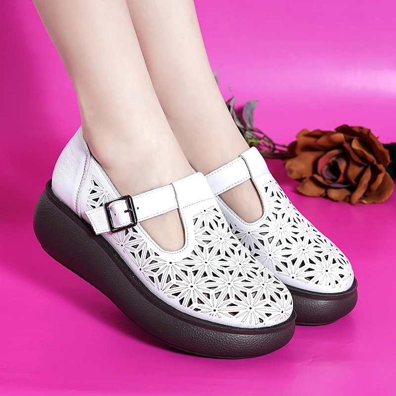 

2022 NEW High Quality Cowhide Hollow Breathable Sandals Women Heighten Sandals Platform Wedges Large Size Women Sandals