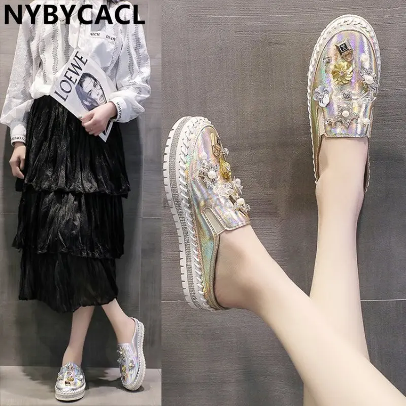 Diamonds Pearl Women Slippers Flowers Lock Crystals Rhinestone Slides Bling leather Round Toe Slip-on Platform Fashion New Shoes