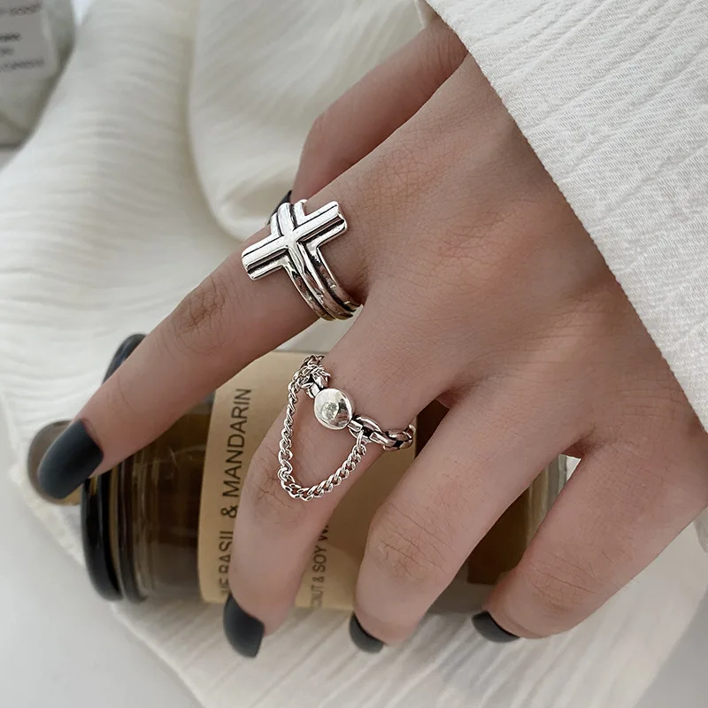 

1pc Fashion Vintage Silver Color Cross Ring Trendy Metal Chain Female Ring Adjustable Opening Women Ring for Party Decoration