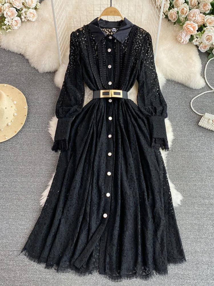 HIGH STREET Newest Fashion 2022 Runway Designer Women's Lapel Single Breasted Hook Flower Hollowed Out Lace Shirt Dress