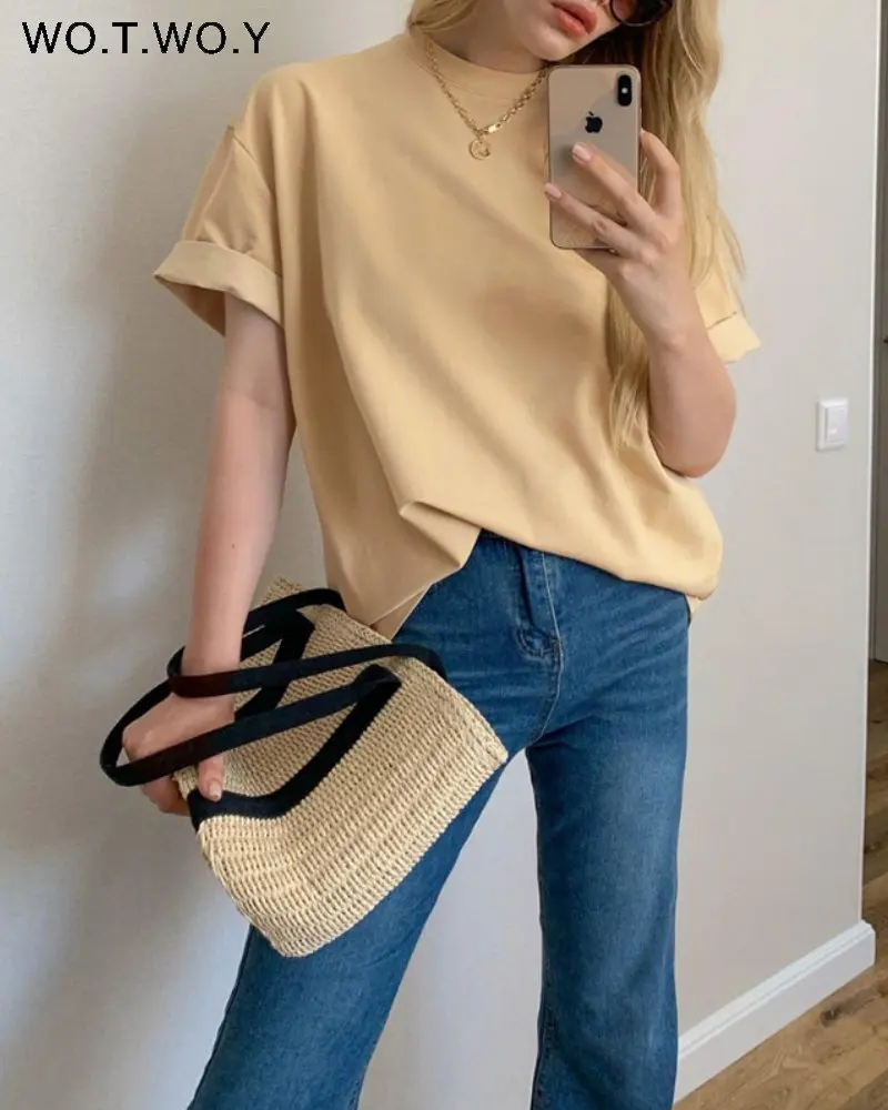 

WOTWOY Casual Solid Summer Cotton Oversized T-Shirts Women Basic Short Sleeve Knitted Tee Shirts Female Harajuku Y2k Tops 2023
