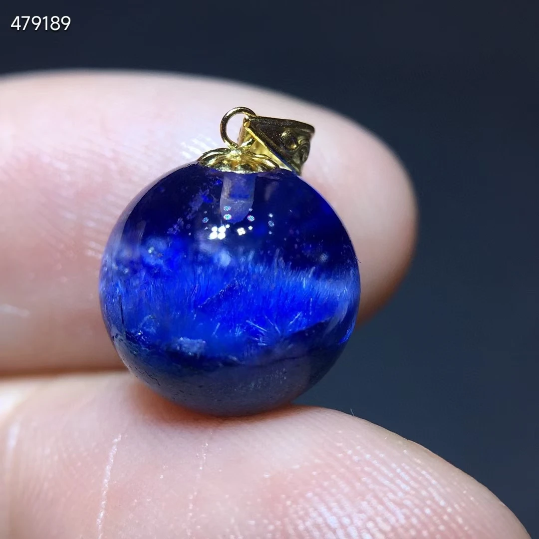 

Natural Blue Rutilated Dumortierite Quartz Pendant Crystal 11mm Clear Round Sphere Necklace 18K Gold Jewelry AAAAAAA