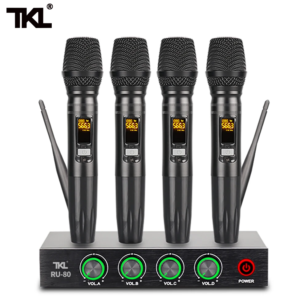 

TKL профессиональная 4-канальная Беспроводная микрофонная система для PA Speaker Home Karaok UHF ручной динамический микрофон для пения Вечерние