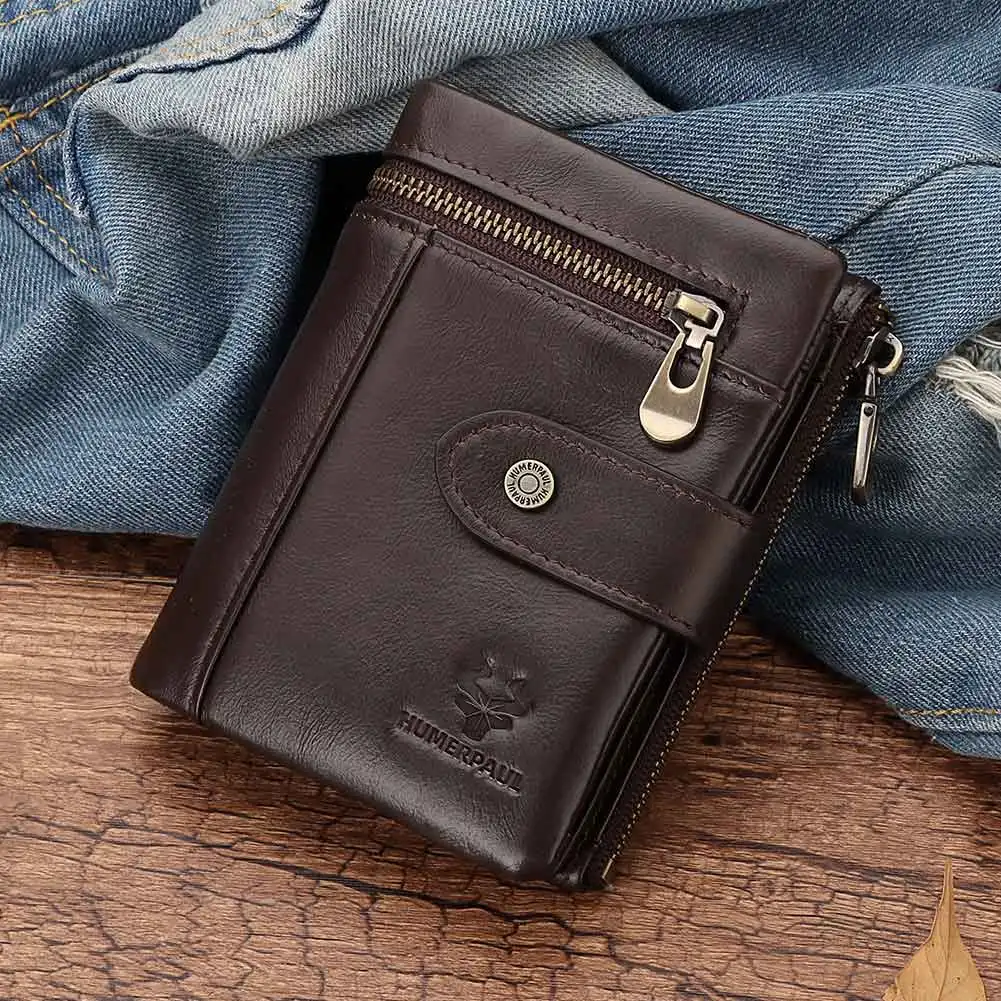 Genuine Leather Men Wallet Cowhide Business Short Purse RFID Blocking Credit ID Card Holder Detachable Cardholder with Zipper images - 6