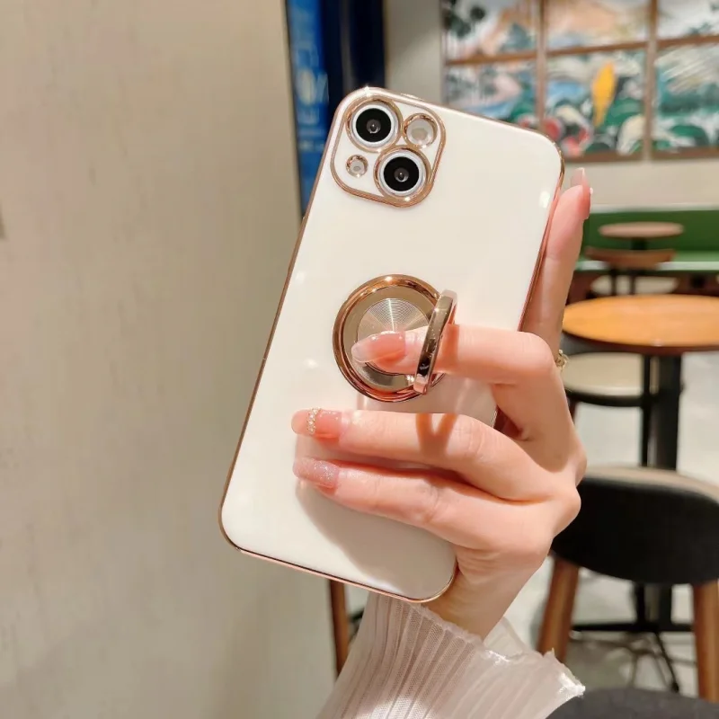 

Luxury Phone Case For iPhone 11 12 13 PRO MAX Shell Plating Border Full Lens Protection Back Cover with Ring Bracket Holder