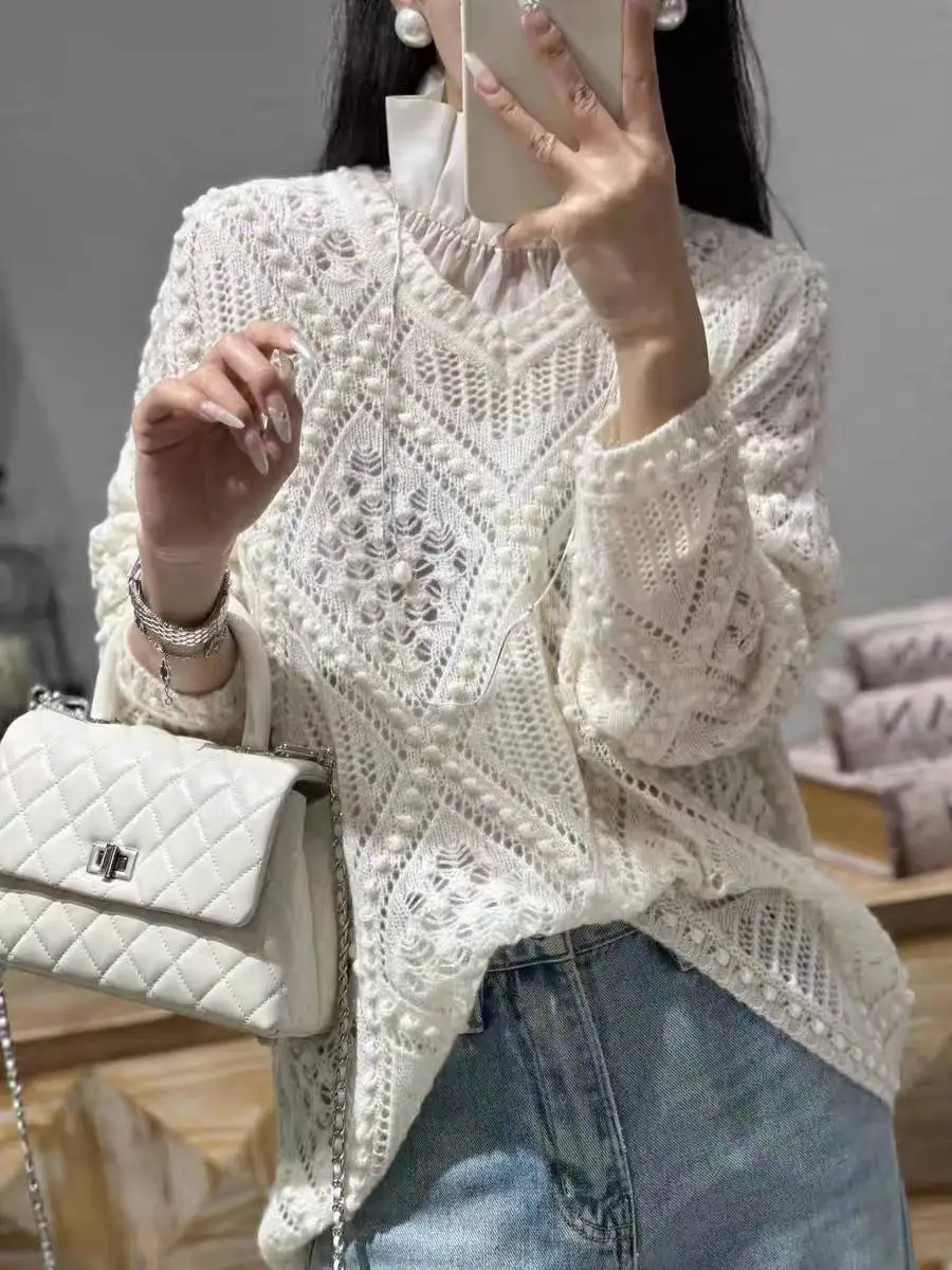 Женский свитер, Новое поступление, сезон весна-осень 2023, пуловер, одежда, ажурный, ленивый стиль, Элегантная трикотажная одежда, топы X073