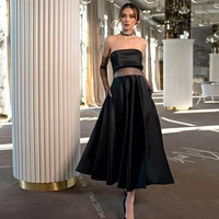 elegant black tea length evening dress 2022 womens strapless sleeveless sexy backless prom dress satin party gowns with sashes