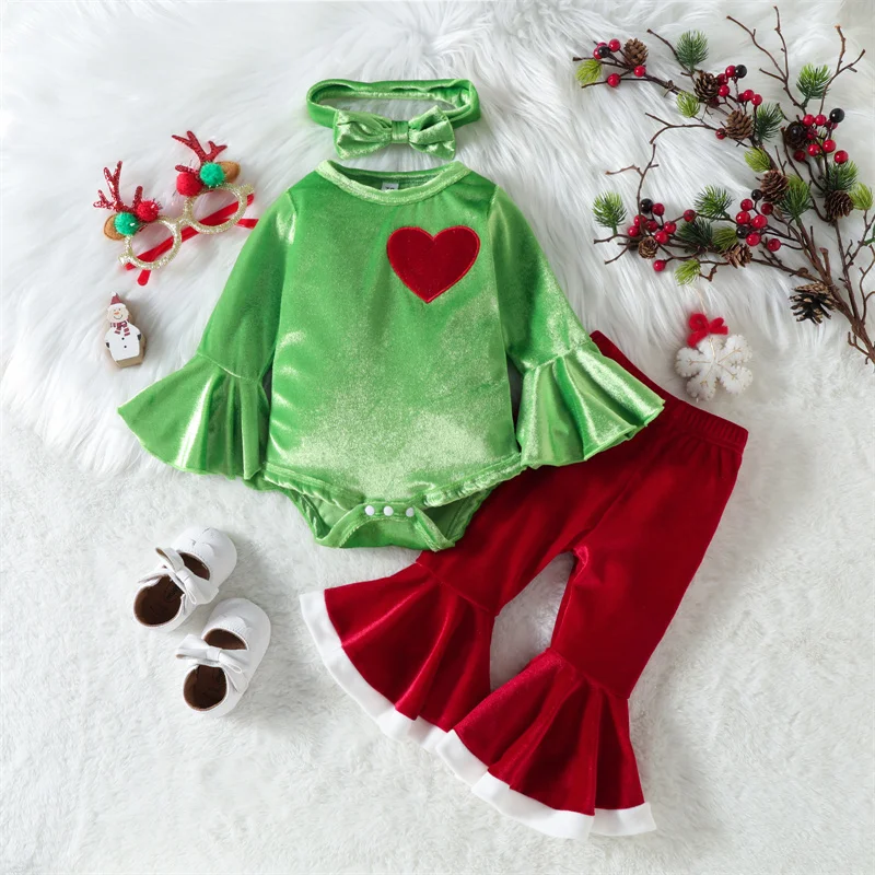 

Autumn Christmas Baby Girls Sets Clothes Love Embroidery Romper Jumpsuits Flare Trousers +Hairband Fashion Children's suit Outfi