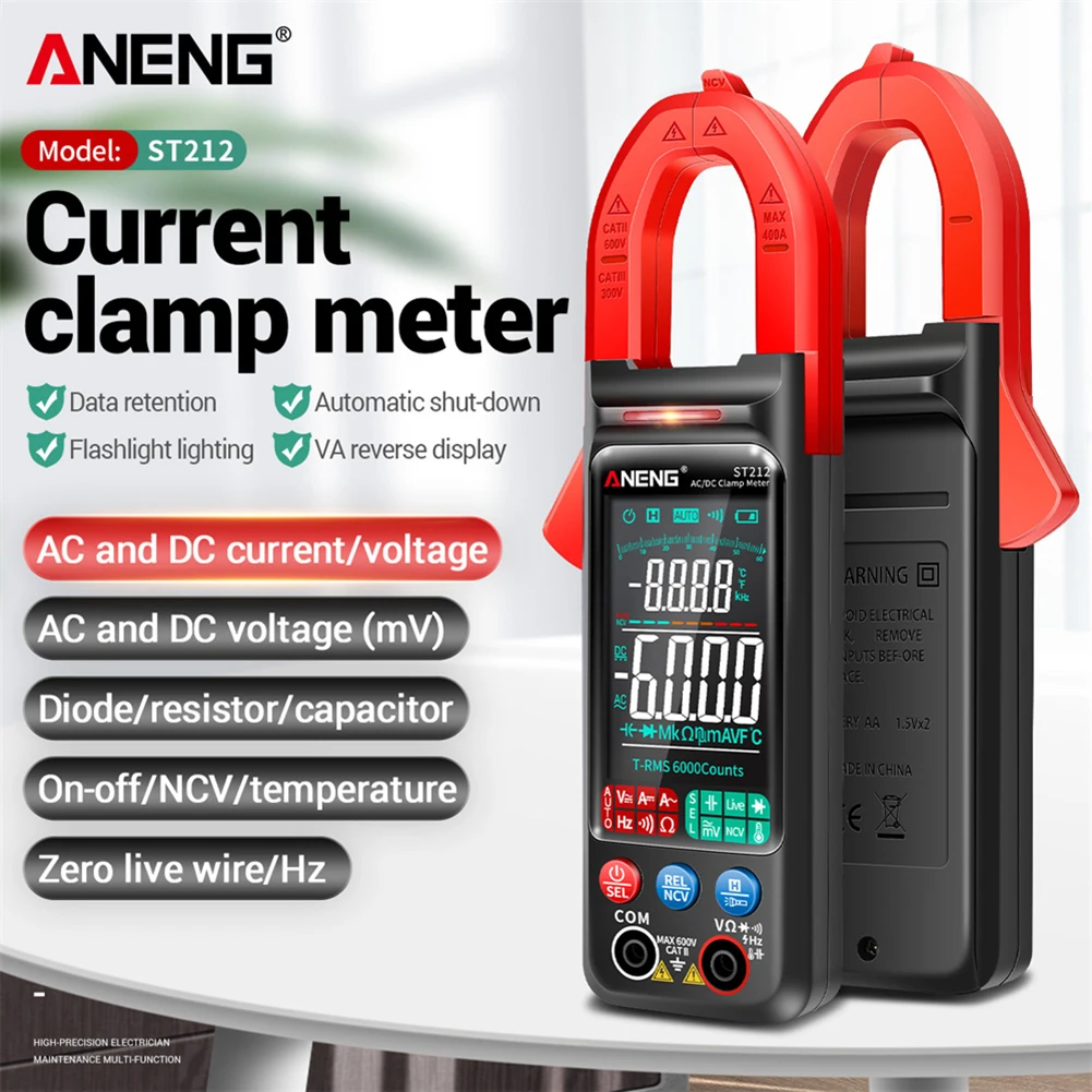 

ANENG ST212 6000 Counts Digital Clamp Meter DC/AC Current Voltage Resistance Frequency Capacitance Tester Range NCV Multimeter