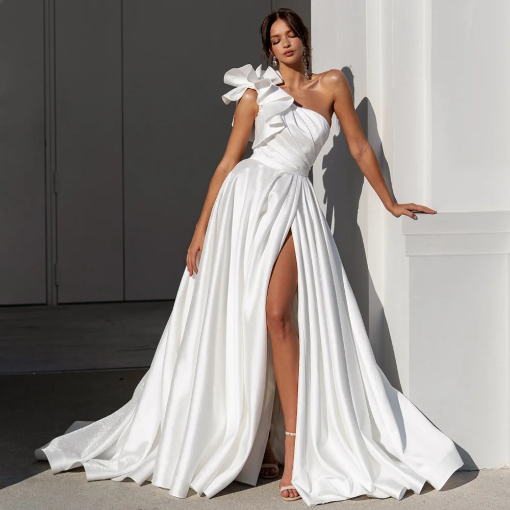 

Elegant Wedding Dresses White Satin Ruffle One Shoulder Wedding Gowns for Women 2023 Bride Satin Side Slit A Line Bridal Dress