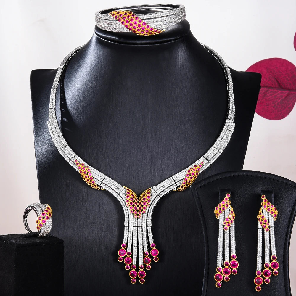 

Siscathy Nigerian Ethnic Full Micro Cubic Zircon Jewelry Set Party Wedding Dubai Jewellery For Women Accessory Necklace Earings
