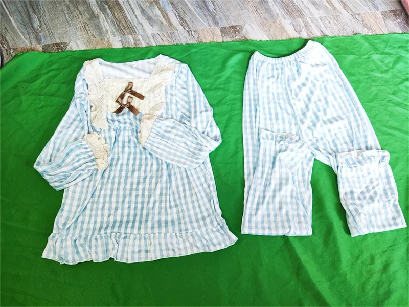 Women's Pajamas Set Sexy Plaid Princess Cute Sleepwear Lace Bow Pyjama Big Size Sweet Cozy Homewear Full Sleeve Shirt