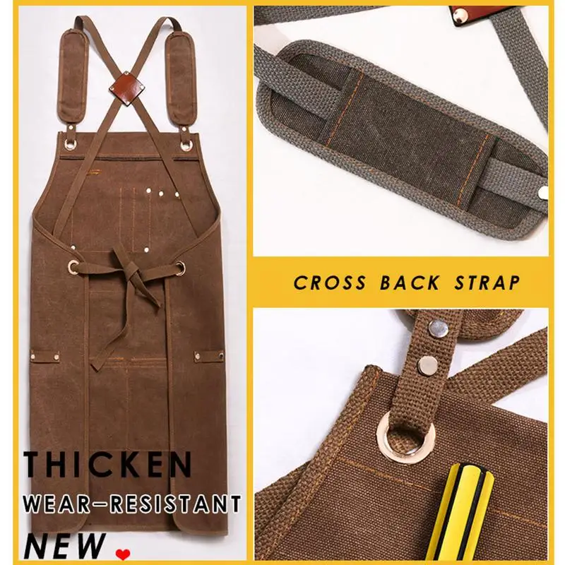 

Durable Goods Heavy Duty Waxed Unisex Canvas Work Apron With Tool Pockets CrossBack Straps Adjustable For Woodworking Painting