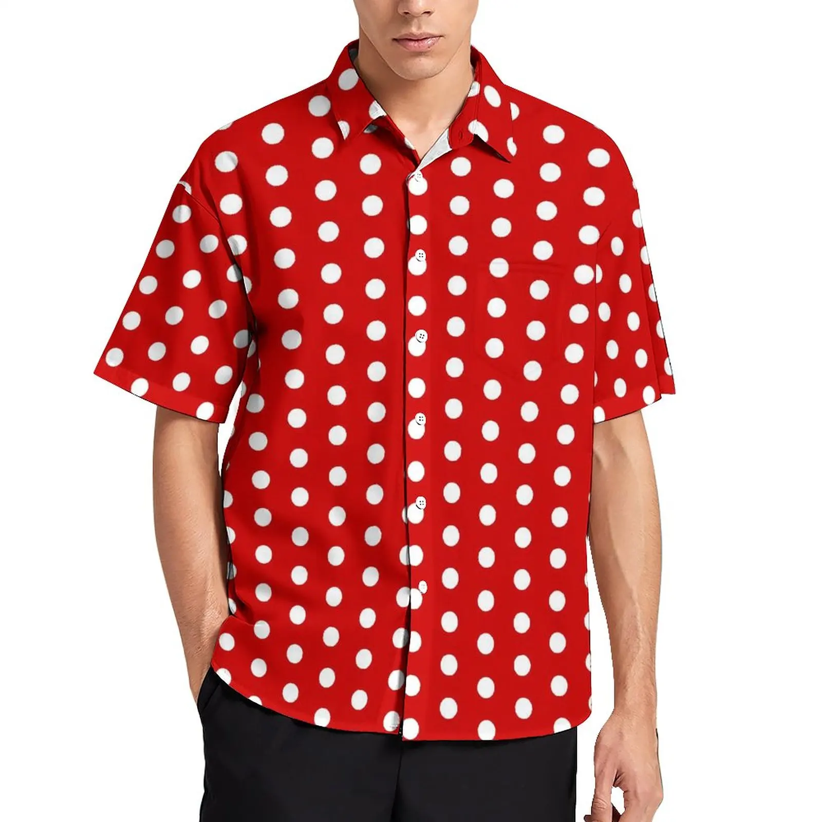 

Vintage Polka Dots Beach Shirt Red and White Hawaiian Casual Shirts Male Stylish Blouses Short Sleeve Pattern Clothes Large Size