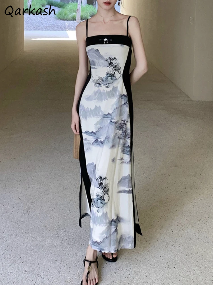 

Платье-макси в китайском стиле женское, соблазнительное летнее винтажное асимметричное платье на бретелях-спагетти с Боковым Разрезом для отдыха на каждый день