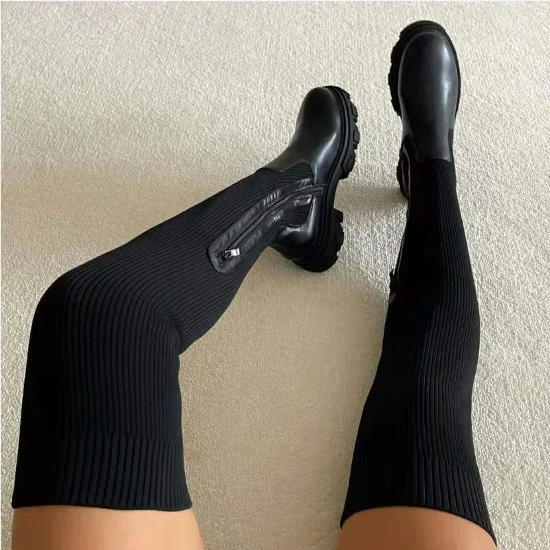 

Women Thick Sole Boots 2023 Autumn Winter Breathable Knitting Sock Ladies Thigh High Boots Stretch Round Toe Shoes Plus Size