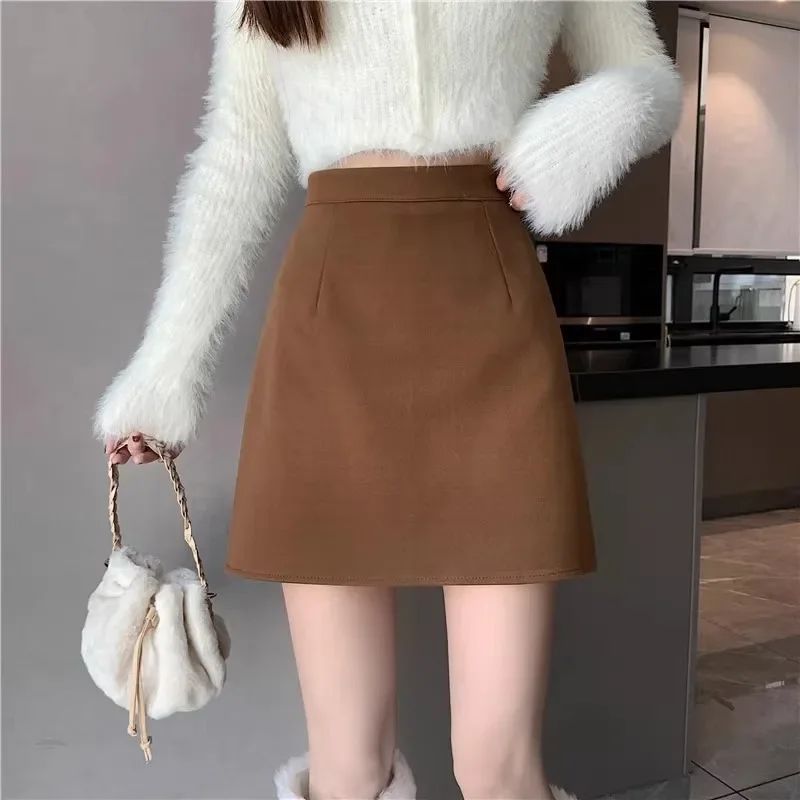 Зимняя утолщенная черная шерстяная юбка трапециевидной формы с высокой талией