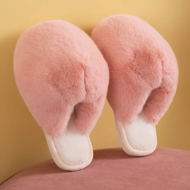 Women Winter Furry  Slippers Cute Faux Fur Fuzzy Big Fluffy Slides Bedroom Soft Anti-Slip Sole Warm Plush Shoes Chaussure House