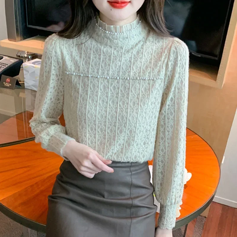 Модная женская блузка с рюшами и бисером кружевная длинным рукавом рубашка