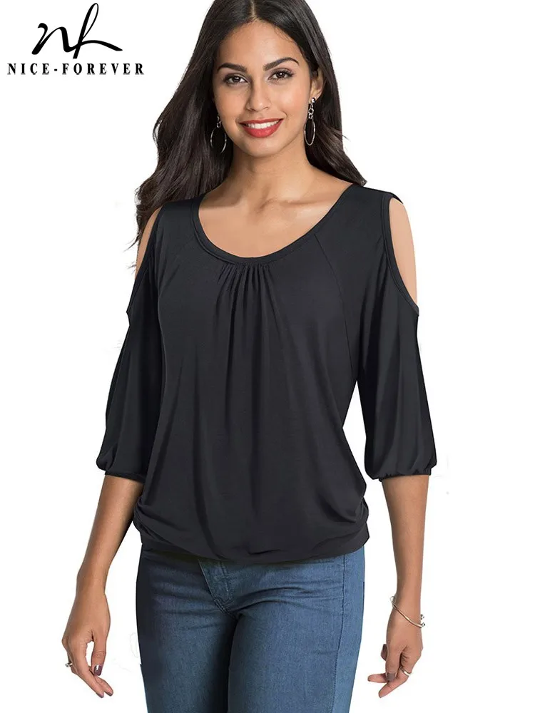 

Женская футболка с открытыми плечами Nice-Forever, Весенняя Однотонная футболка с круглым вырезом, повседневная, модель T045, 2019