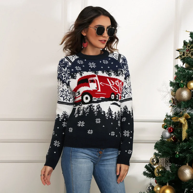 

new Casual Women's Christmas pullover sweater snowflake long sleeved knitted top loose jacquard knit sweater2023