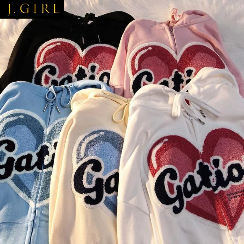 

Hoodies Women Design Sweet Love-printing Hooded Sweatshirts Couples Ulzzang Zipper Loose All-match Hot Sale Harajuku Outwear BF