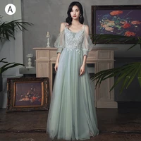 appliques long evening dress for sister party v neck sweetheart tulle bridesmaid dresses lace up beading prom birthday gowns