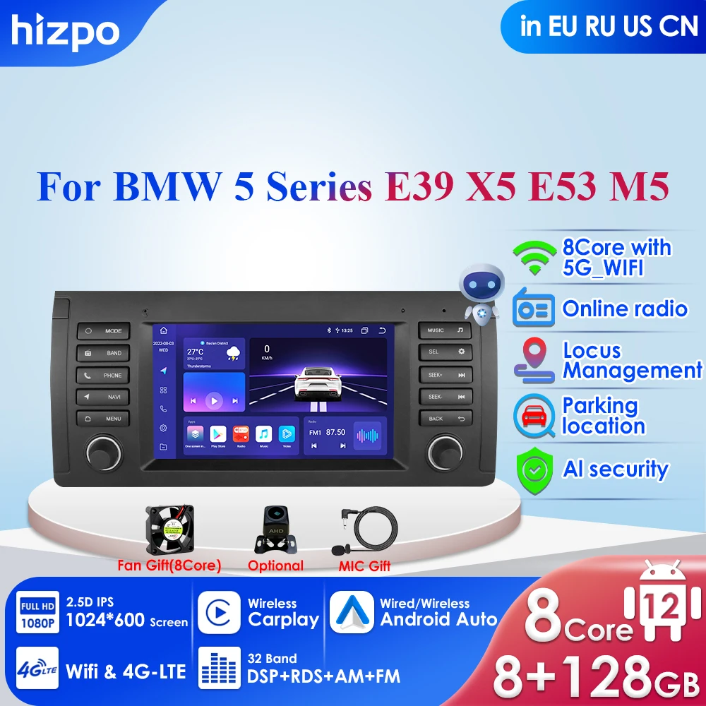 Автомагнитола 2 Din, 8 + 128 ГБ, Android, для BMW 5 E39 1995-2003, E53 X5 M5, Carplay, 4G, GPS