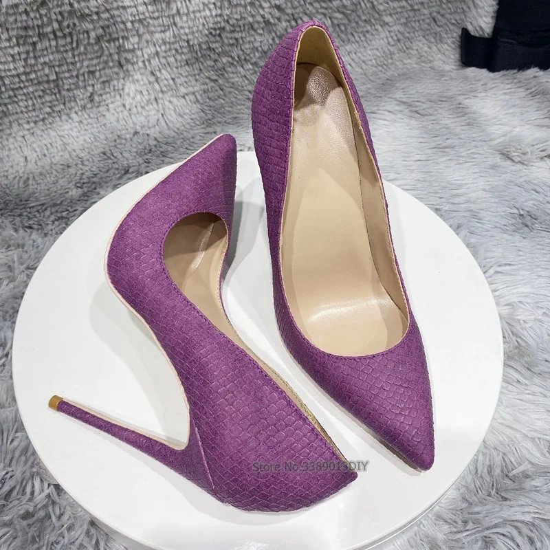 Blue Purple Snakeskin Pattern Leather Pointy Toe Silver High Heels Pumps Women Dress Shoes Stilettos Party Shoes 8Cm Heels