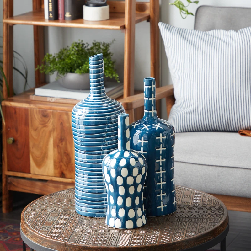 

Free Shipping 12" 15" 19"H Blue Ceramic Vase with Varying Patterns Set of 3