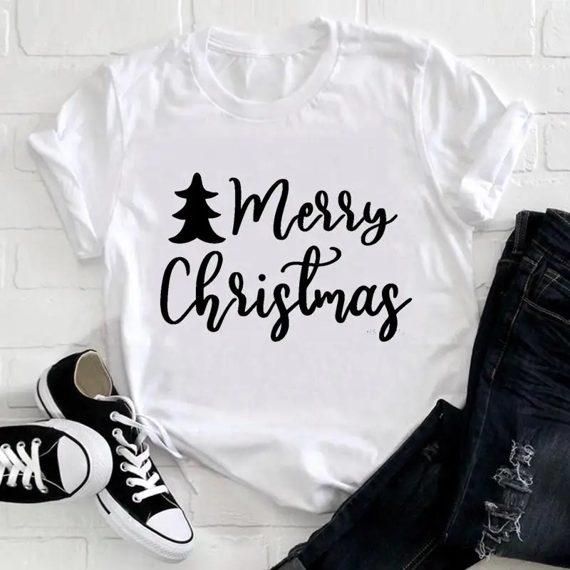 

Merry Christmas Letter 90s Cute Women Pretty Holiday Nice Top Print New Year Tshirt T Tee Cartoon Fashion Graphic T-shirt