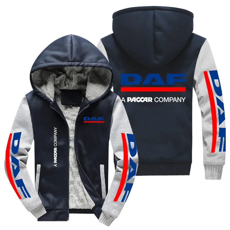 

New Winter Men Fashion High Quality Long Sleeve DAF Truck Logo Jacket Hoodies Casual Zipper Wool Liner Fleece Sweatshirts Coat