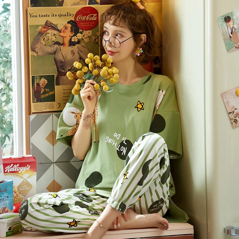 pajamas women's spring  summer cotton thin short sleeved trousers round sweet  lovely collar  casual home clothes