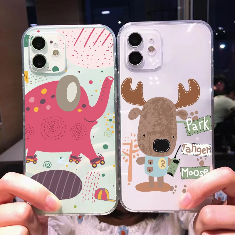 

Cartoon Deer Elephant For iPhone 11 Pro Max 12 13 Pro Mini X XR XS Max Se2 6 6S 7 8 Plus Clear Phone Case Soft Full Protection