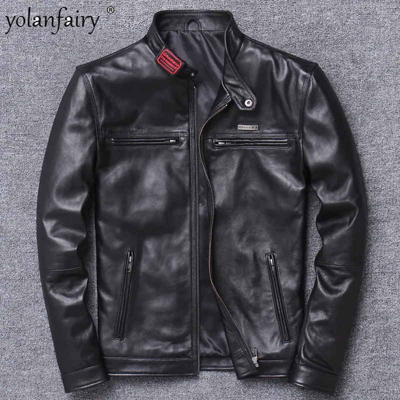 

Куртка мужская из натуральной овечьей кожи, облегающая короткая однотонная кожаная одежда с воротником-стойкой, Корейская повседневная черная куртка, FCY