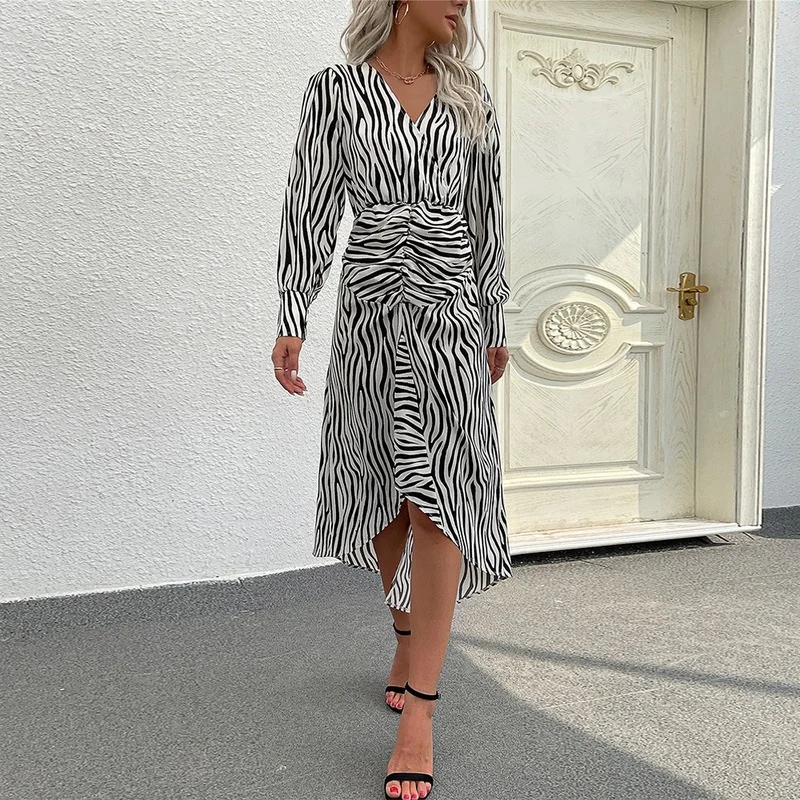 

YEMOGGY Female Dresses Sexy Backless Animal Print Dress Korean Clothing Autumn Slim V-Neck Full Sleeve Folds Midi Dress 2022 New