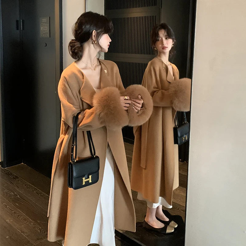 Женская шерстяная куртка средней длины Mo Ding Monet с высокой посадкой из